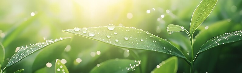 Aufkleber - Lush green leaves glisten with water droplets under soft morning light.