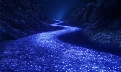 Fototapete - A glowing blue river winds through a dark, rocky landscape in a mystical setting.