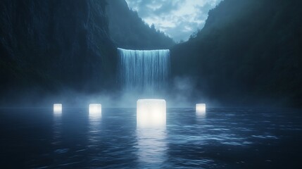 Fototapete - Misty waterfall with glowing cubes in tranquil water surrounded by mountains.