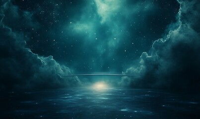 Fototapete - Mysterious ocean scene under a starry sky with ethereal clouds and glowing light.