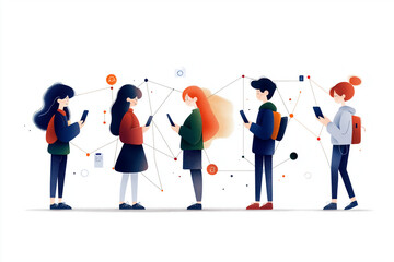 Vector illustration of five young people using smartphones with network connection lines between them, depicting social media interaction with blue and orange digital elements on white background
