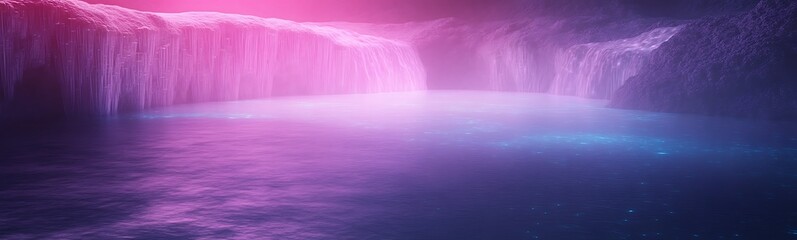 Fototapete - Vibrant waterfall scene illuminated with pink and blue light reflections on water surface.