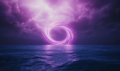 Fototapete - A swirling purple vortex over a calm ocean under dramatic clouds.