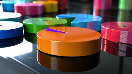 Poster - Colorful, Glossy Circular Objects with Pie Chart Design Reflective Surface Vibrant Colors and Shiny Finish Create Playful and Modern Aesthetic with 3D Pie Charts Showcasing Dynamic Data Visualization