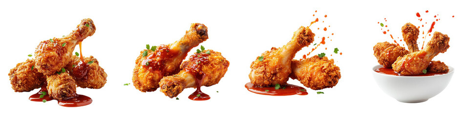 Fototapete - Fried chicken legs splashing, tomato ketchup, isolate, white background. Set Collection Png.