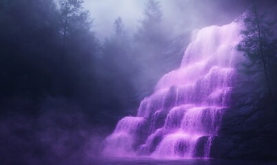Poster - A mystical purple waterfall cascading through a foggy forest landscape.