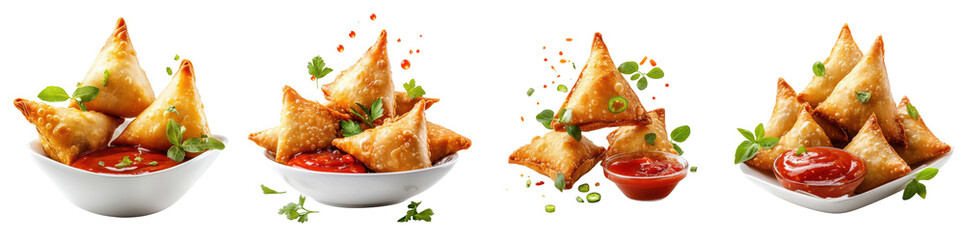 Fototapete - Samosas splashing, tomato ketchup, isolate on white background. Set Collection Png.