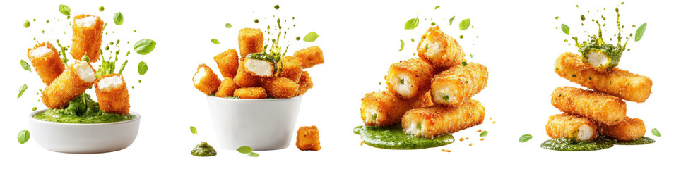 Fototapete - Fried mozzarella sticks splashing, green chutney sauce, isolate, white background. Set Collection Png.