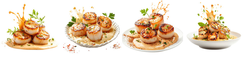 Fototapete - Grilled scallops splashing, creamy mayonnaise, isolate on white background. Set Collection Png.