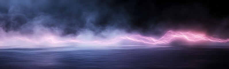 Poster - Ethereal mist over calm water with glowing pink highlights and a dark background.