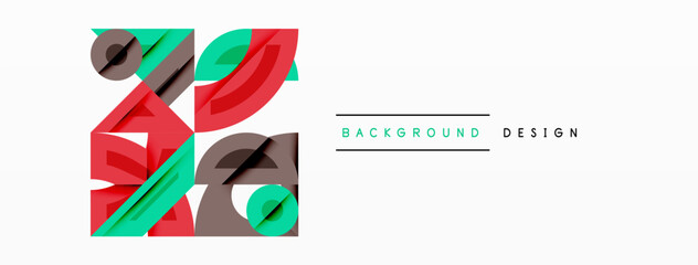 Poster - Abstract geometric background with shapes, featuring circular and rounded elements. Bold contrast, smooth gradients, dynamic composition, futuristic style