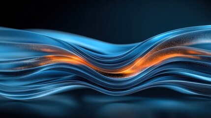 Poster - flowing waves of light in blue and orange abstract art digital environment close-up viewpoint concep