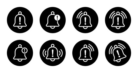 Poster - Warning alarm bell outline icon set collection on black circle. Notification sign. Danger caution symbol