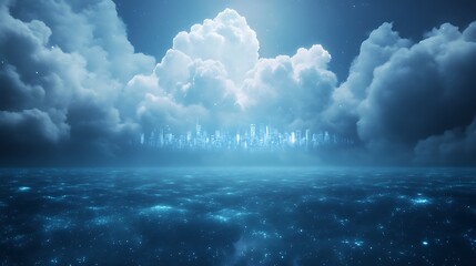 Aufkleber - Serene ocean view beneath ethereal clouds with a futuristic city skyline illuminated above the water.