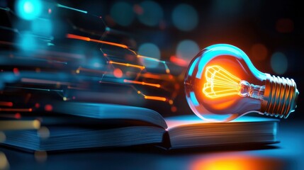 Poster - Illuminating ideas light bulb and book sparks creativity in a digital environment close-up perspective