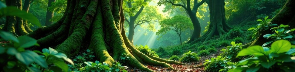 Wall Mural - dense foliage and vines wrap around ancient tree trunks, green, dense