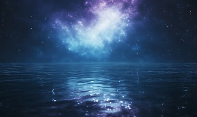 Fototapete - Cosmic scene with water reflection under a starry sky and vibrant nebula.