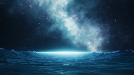 Aufkleber - Mysterious ocean view under a starry night sky with ethereal clouds and distant galaxies.