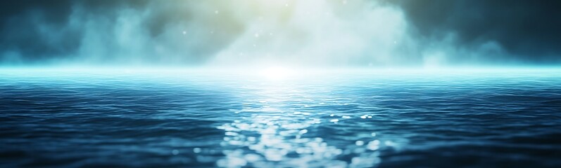 Aufkleber - Serene ocean view with soft light reflecting on the water surface and mist in the distance.