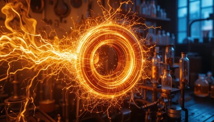 Poster - Vibrant Energy Ring in a Chemistry Laboratory with Bottles Glowing