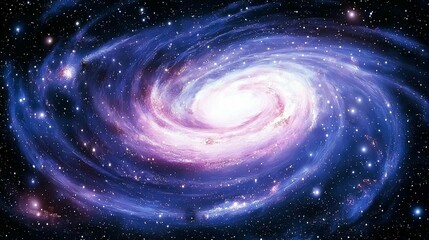 Wall Mural - A vibrant spiral galaxy swirls with pink and blue hues, showcasing celestial dust and stars.