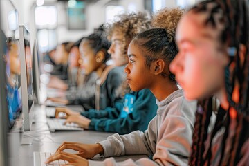 High Definition Picture of Teen Multiethnic Students Using Computer for Study in Classroom