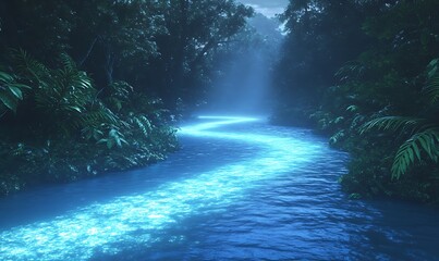 Poster - Serene winding river illuminated by moonlight in a lush forest setting.