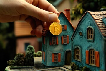 Wall Mural - a businessmanâ€™s hand carefully placing a golden coin on top of a miniature house model, symbolizin