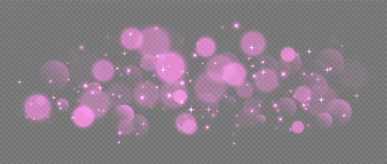 Wall Mural - pink bokeh with stars and sparkles, shiny overlay decoration isolated on grey background. vector ill