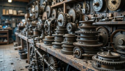 Poster - Detailed View of Mechanical Gears and Cogs in Workshop Setting