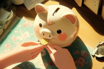 Wall Mural - A childâ€™s hands placing a small coin into a piggy bank, symbolizing early financial literacy and saving habits.