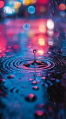 Wall Mural - a delicate raindrop creates ripples on a vibrant surface. the colors and reflections enhance the bea
