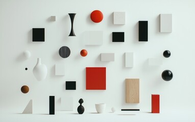 Poster - 3D Render of Red White and Black Geometric Shapes on White
