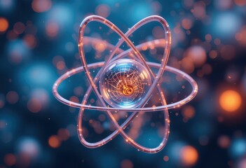 Poster - Abstract illustration of an atom with glowing particles and energy flows