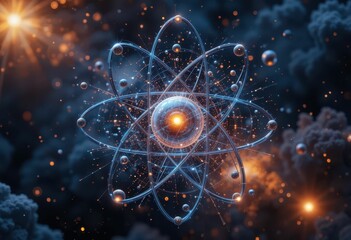 Poster - Abstract Atom Design with Glowing Particles in Dark Space Background