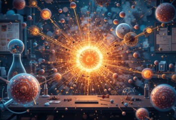 Poster - abstract cosmic explosion with celestial bodies and laboratory elements