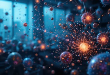 Fototapete - Abstract representation of glowing particles in a scientific environment