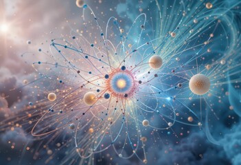 Poster - Molecular Structure Featuring Colorful Atoms and Energetic Particles