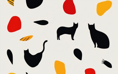 Poster - Black Cat Silhouettes And Colorful Abstract Shapes Seamless Pattern
