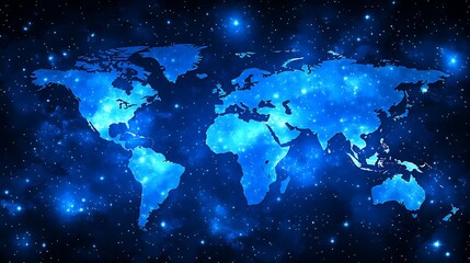glowing blue world map in space.