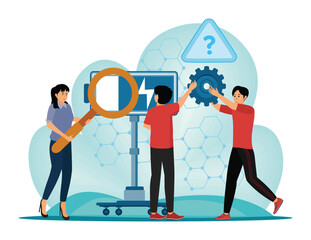 Poster - teamwork solving complex problems. team members collaborate using magnifying glass.