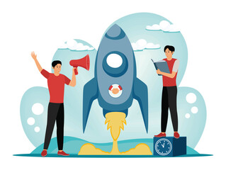 Poster - combining different talents to achieve a common goal. team collaborating on rocket launch.