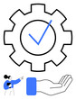© robu_s - Gear with check mark indicates completed process. Hand signifies support, user guiding collaboration and trust. Ideal for teamwork, process, guidance, reliability, quality trust workflow. Flat