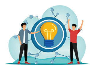Poster - teamwork result. collaborative team with bright idea concept featuring light bulb and connections.