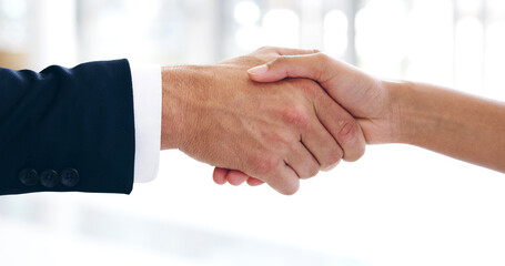 Poster - Closeup, business people and handshake in office, agreement and negotiation for b2b deal. Employees, company merger and coworking with collaboration, shaking hands and thank you with partnership
