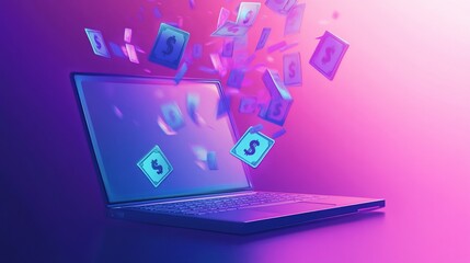 Aufkleber - Earning money online: Conceptual laptop with dollar bills in vibrant colors