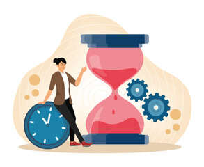 Poster - deadline. businessperson managing time concept with hourglass and clock