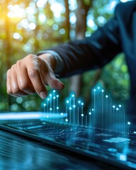 Poster - Businessperson Analyzing Data on Tablet Screen Outdoors Green Background Financial Charts Graphs Modern Technology