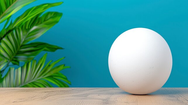 White Textured Sphere on Beige Surface with Tropical Leaves