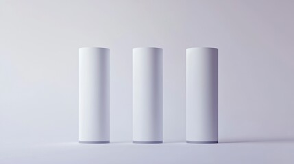 Leinwandbilder - Three White Cylinders Standing in a Row on a Light Background